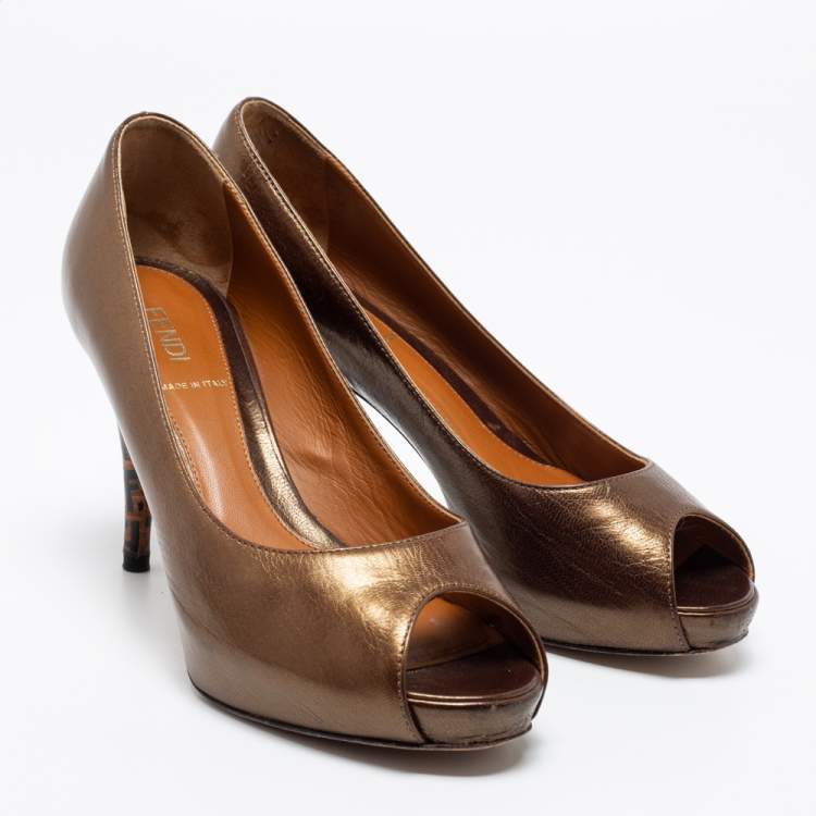 Pre Owned Fendi Brown Leather Zucca Print Heel Peep-Toe Pumps Size 36