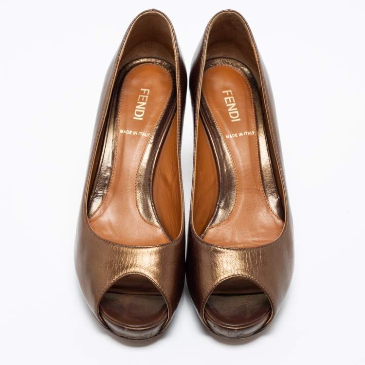 Pre Owned Fendi Brown Leather Zucca Print Heel Peep-Toe Pumps Size 36