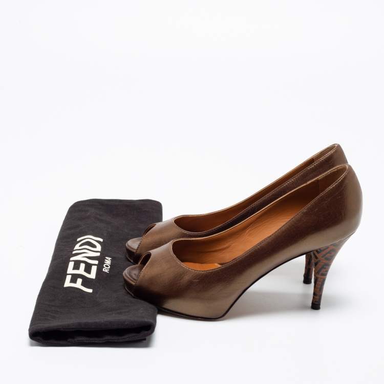 Pre Owned Fendi Brown Leather Zucca Print Heel Peep-Toe Pumps Size 36