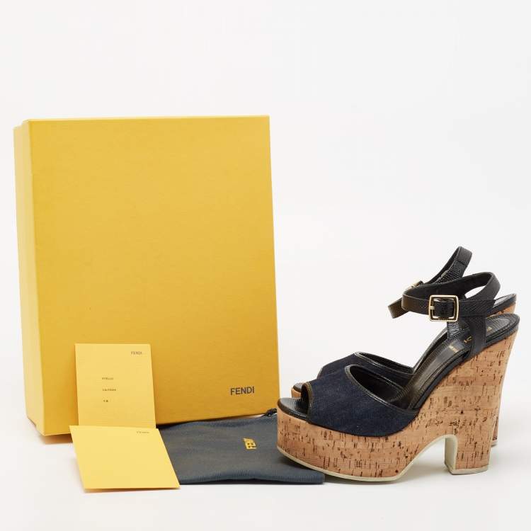 Pre Owned Fendi Navy Blue Denim and Lizard Embossed Leather Cork Wedge Platform Ankle Strap Sandals Size 39