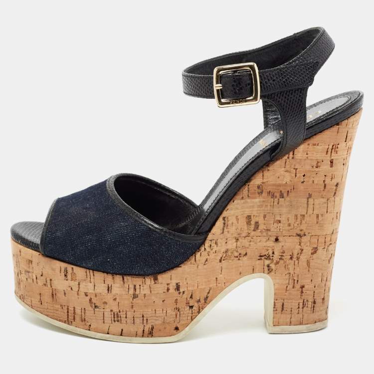 Pre Owned Fendi Navy Blue Denim and Lizard Embossed Leather Cork Wedge Platform Ankle Strap Sandals Size 39