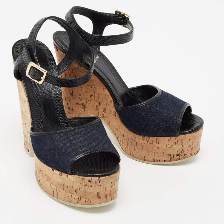 Pre Owned Fendi Navy Blue Denim and Lizard Embossed Leather Cork Wedge Platform Ankle Strap Sandals Size 39