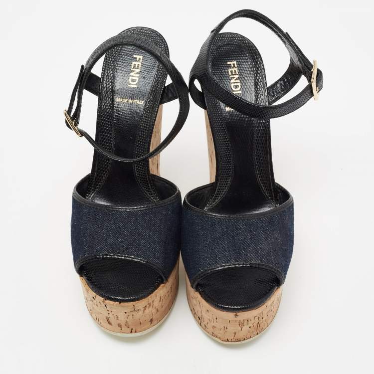 Pre Owned Fendi Navy Blue Denim and Lizard Embossed Leather Cork Wedge Platform Ankle Strap Sandals Size 39
