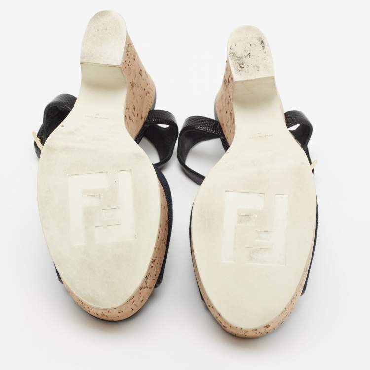 Pre Owned Fendi Navy Blue Denim and Lizard Embossed Leather Cork Wedge Platform Ankle Strap Sandals Size 39