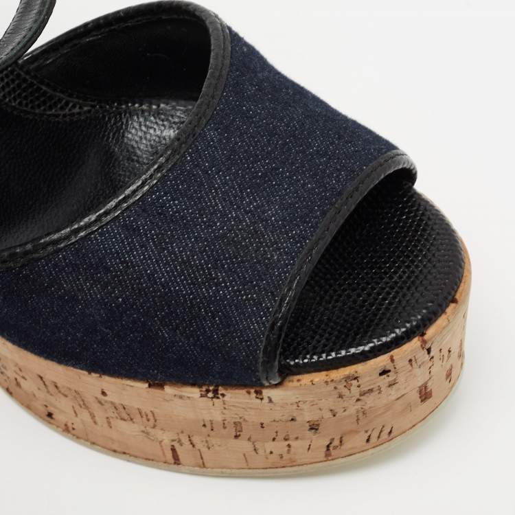 Pre Owned Fendi Navy Blue Denim and Lizard Embossed Leather Cork Wedge Platform Ankle Strap Sandals Size 39