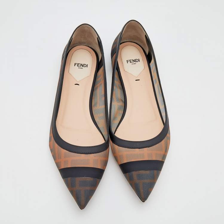 Pre Owned Fendi Brown/Black Zucca Mesh And Leather Trim Colibrì Ballet Flats Size 39
