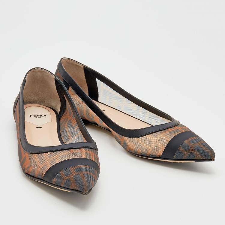 Pre Owned Fendi Brown/Black Zucca Mesh And Leather Trim Colibrì Ballet Flats Size 39