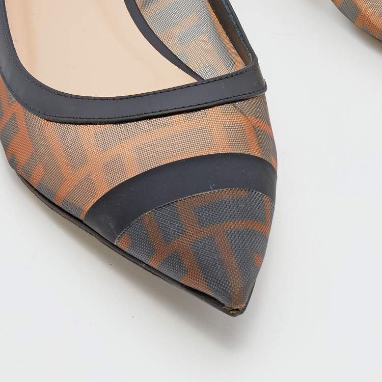 Pre Owned Fendi Brown/Black Zucca Mesh And Leather Trim Colibrì Ballet Flats Size 39