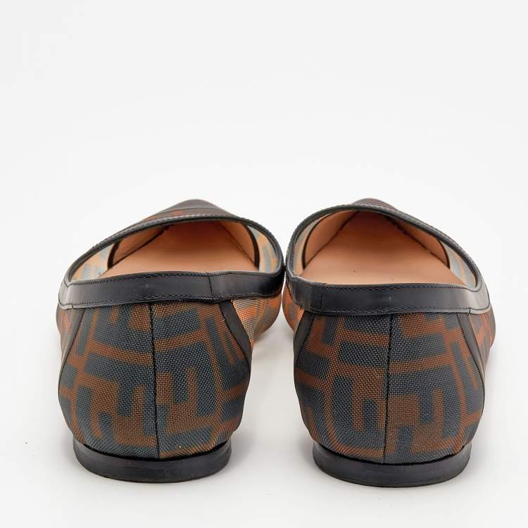 Pre Owned Fendi Brown/Black Zucca Mesh And Leather Trim Colibrì Ballet Flats Size 39