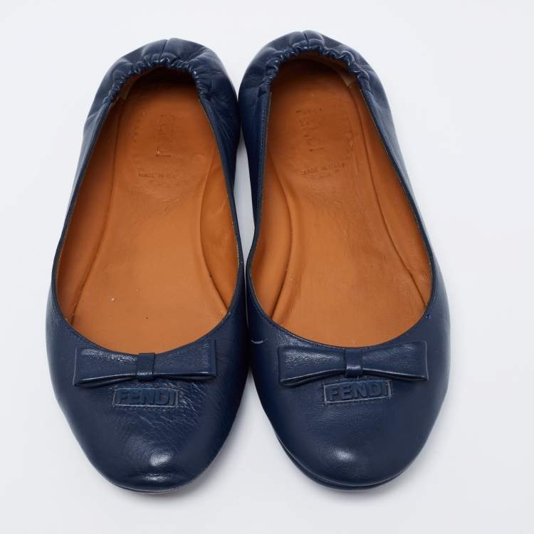 Pre Owned Fendi Navy Blue Leather Let's Dance Bow Ballet Flats Size 38