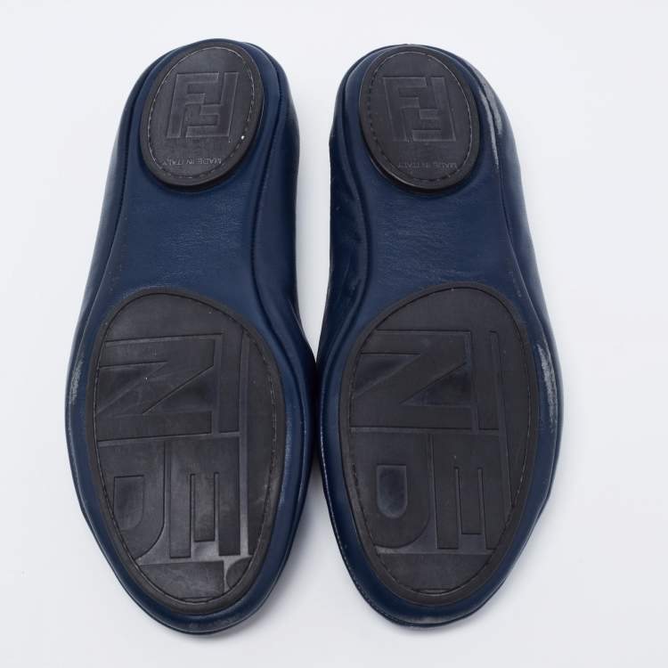 Pre Owned Fendi Navy Blue Leather Let's Dance Bow Ballet Flats Size 38