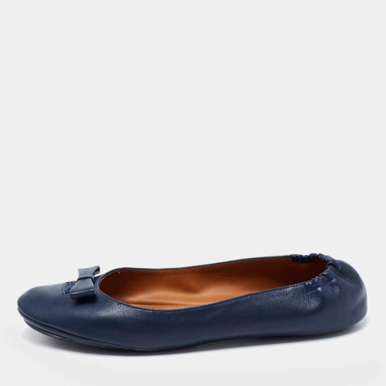 Pre Owned Fendi Navy Blue Leather Let's Dance Bow Ballet Flats Size 38