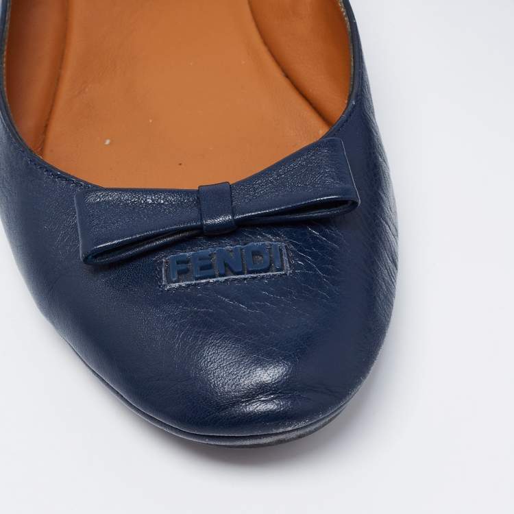 Pre Owned Fendi Navy Blue Leather Let's Dance Bow Ballet Flats Size 38