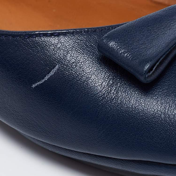 Pre Owned Fendi Navy Blue Leather Let's Dance Bow Ballet Flats Size 38