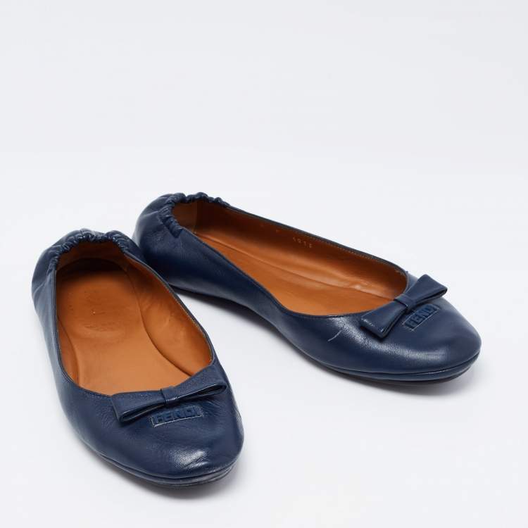 Pre Owned Fendi Navy Blue Leather Let's Dance Bow Ballet Flats Size 38