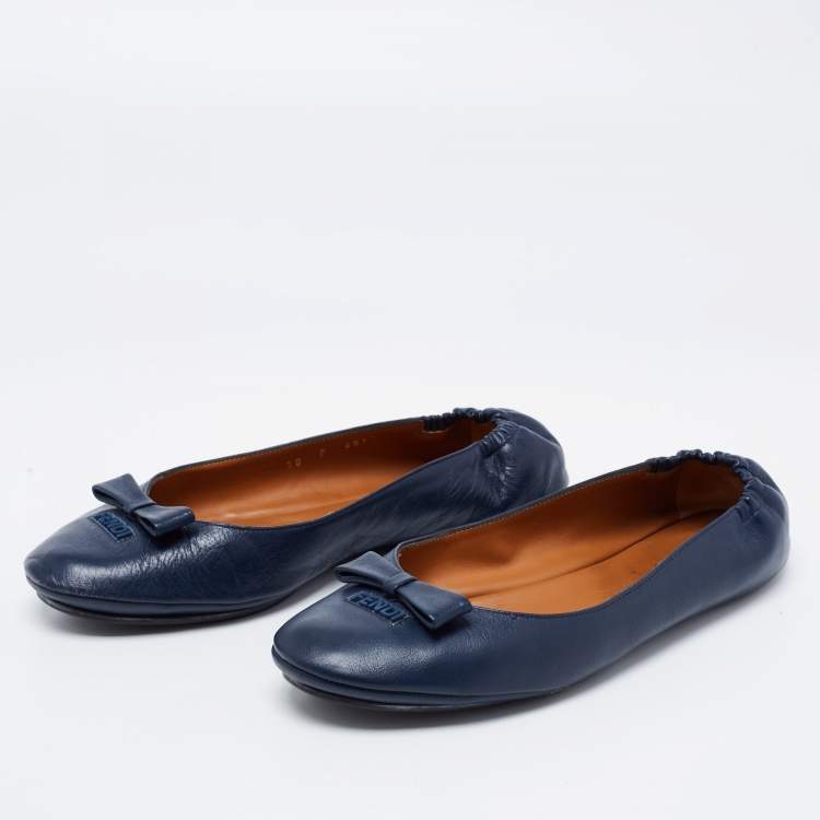 Pre Owned Fendi Navy Blue Leather Let's Dance Bow Ballet Flats Size 38