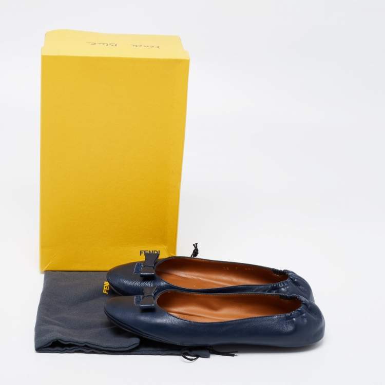 Pre Owned Fendi Navy Blue Leather Let's Dance Bow Ballet Flats Size 38