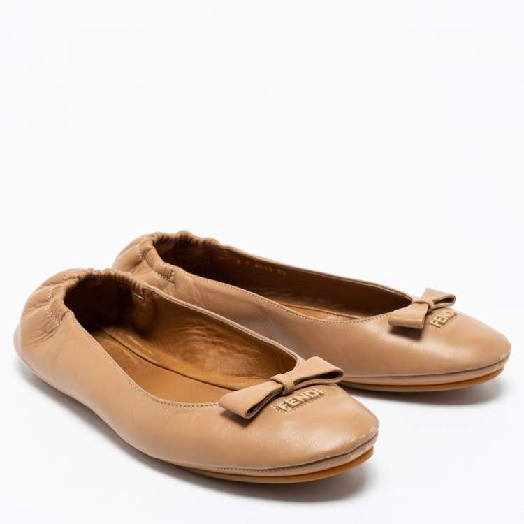 Pre Owned Fendi Beige Leather Bow Scrunch Ballet Flats Size 38