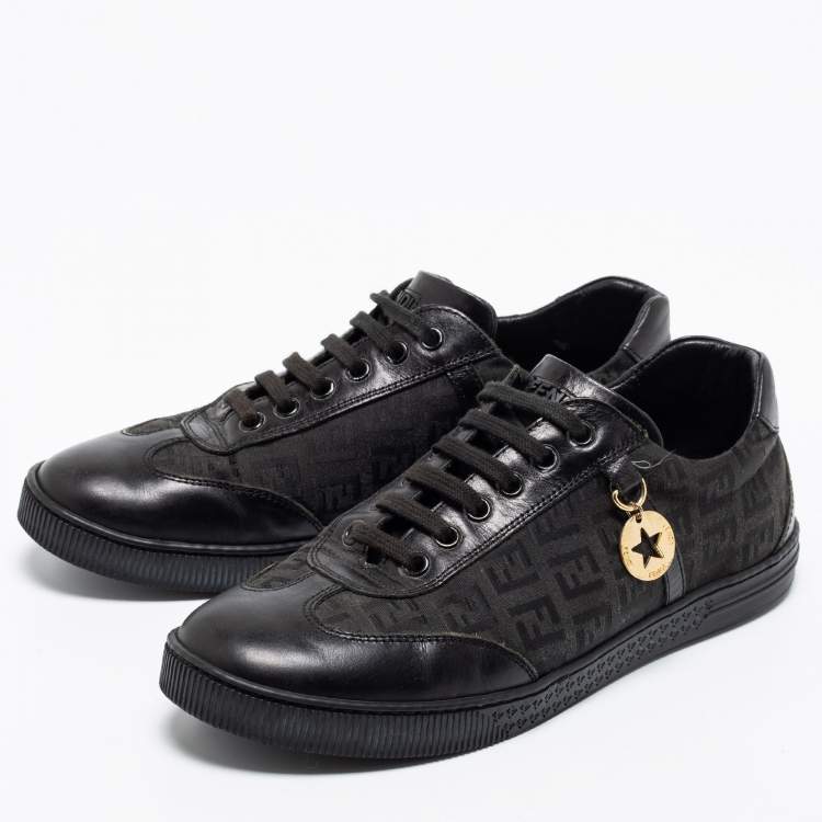 Pre Owned Fendi Black Zucca Canvas And Leather Low Top Sneakers Size 37.5