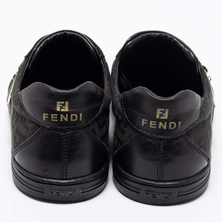 Pre Owned Fendi Black Zucca Canvas And Leather Low Top Sneakers Size 37.5