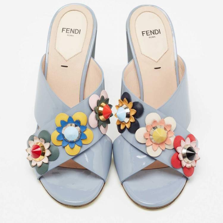 Pre Owned Fendi Light Blue Patent Leather Flowerland Block Heel Slide Sandals Size 39