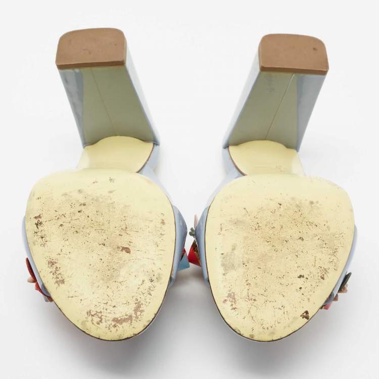 Pre Owned Fendi Light Blue Patent Leather Flowerland Block Heel Slide Sandals Size 39