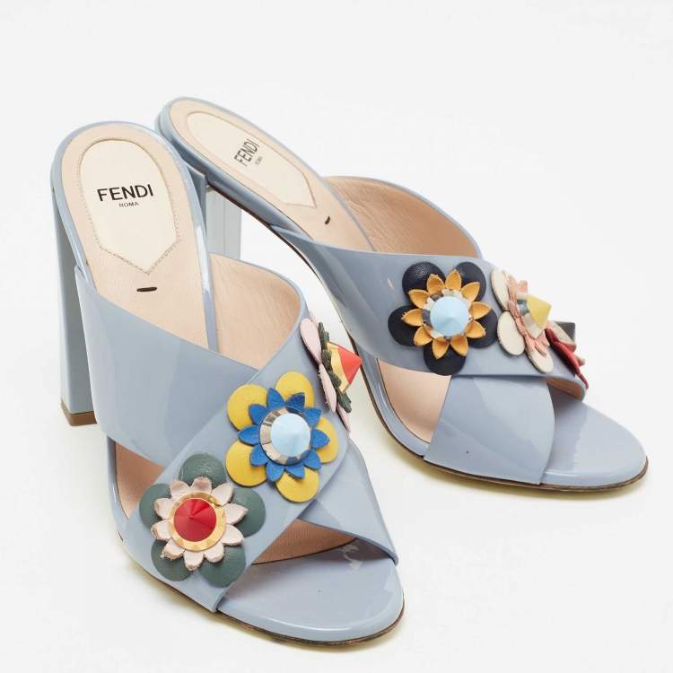 Pre Owned Fendi Light Blue Patent Leather Flowerland Block Heel Slide Sandals Size 39