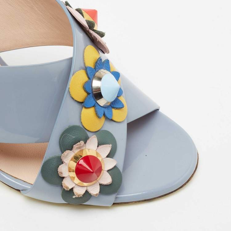 Pre Owned Fendi Light Blue Patent Leather Flowerland Block Heel Slide Sandals Size 39