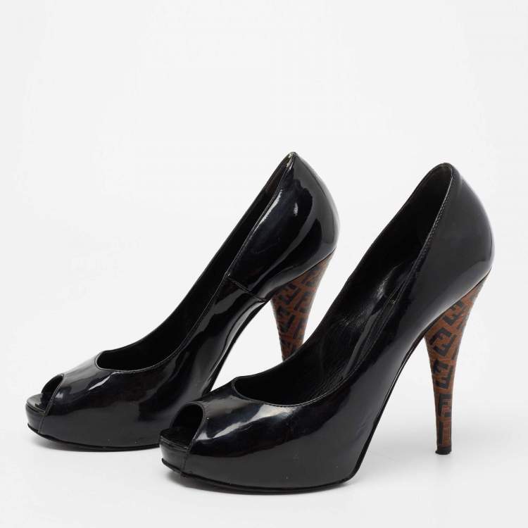 Pre Owned Fendi Black Patent Leather Zucchino Print Heel Peep-Toe Pumps Size 36.5
