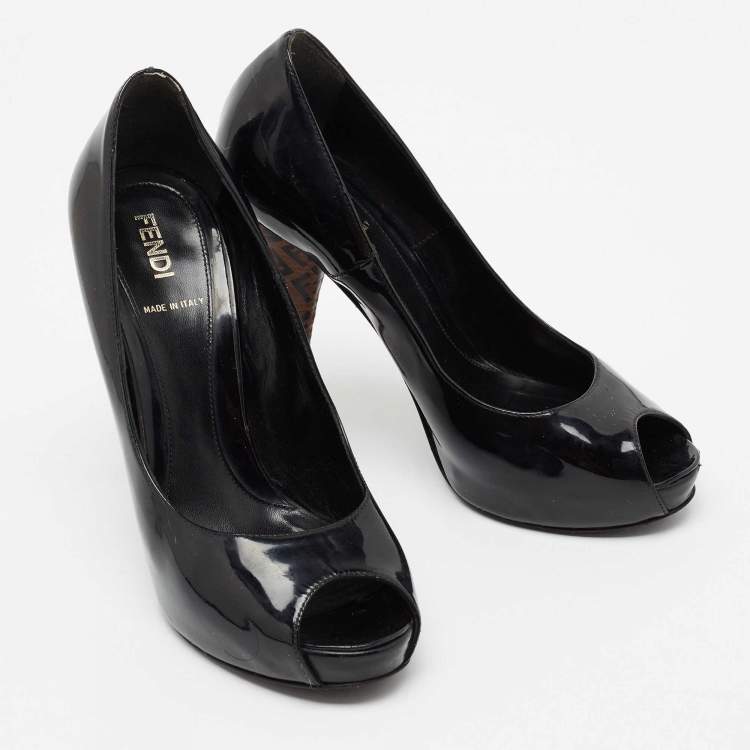 Pre Owned Fendi Black Patent Leather Zucchino Print Heel Peep-Toe Pumps Size 36.5