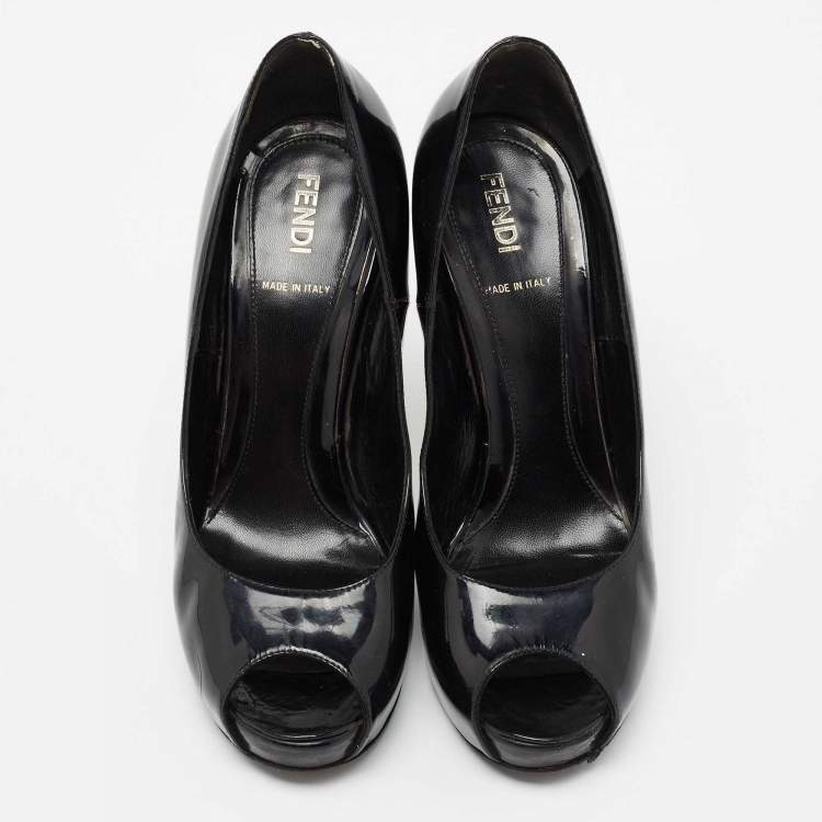 Pre Owned Fendi Black Patent Leather Zucchino Print Heel Peep-Toe Pumps Size 36.5
