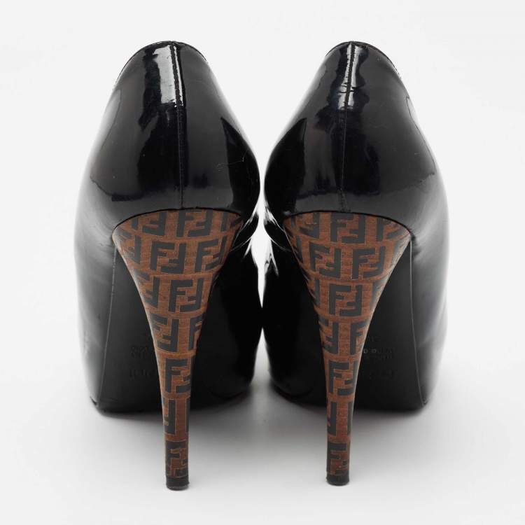 Pre Owned Fendi Black Patent Leather Zucchino Print Heel Peep-Toe Pumps Size 36.5