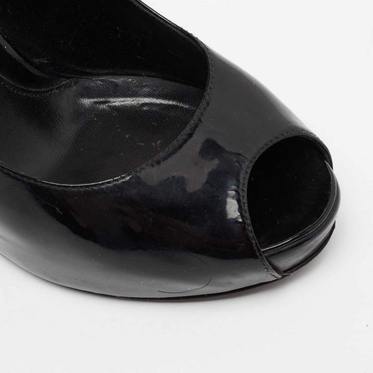 Pre Owned Fendi Black Patent Leather Zucchino Print Heel Peep-Toe Pumps Size 36.5