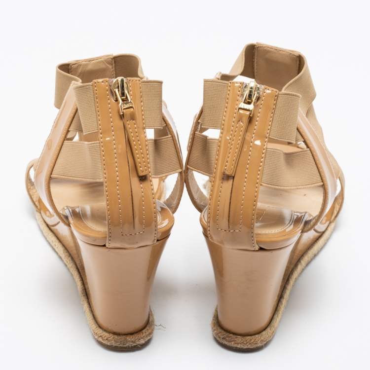 Pre Owned Fendi Beige Patent Leather and Elastic T-Strap Espadrille Wedge Sandals Size 41