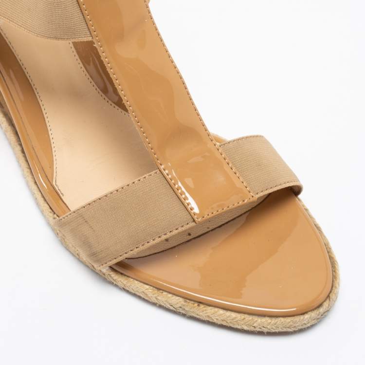 Pre Owned Fendi Beige Patent Leather and Elastic T-Strap Espadrille Wedge Sandals Size 41