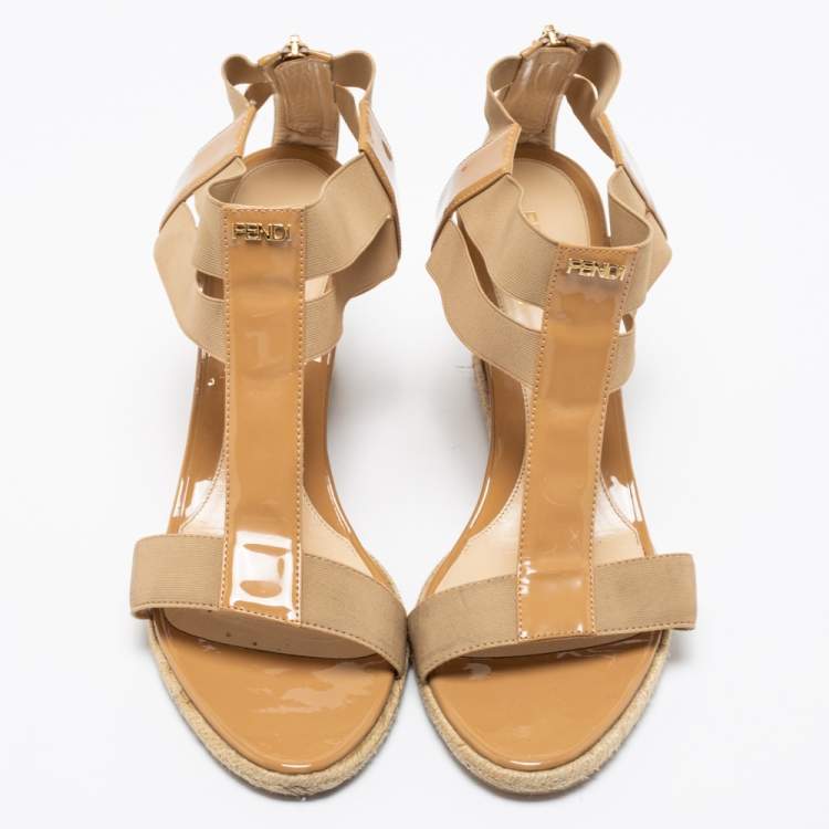 Pre Owned Fendi Beige Patent Leather and Elastic T-Strap Espadrille Wedge Sandals Size 41