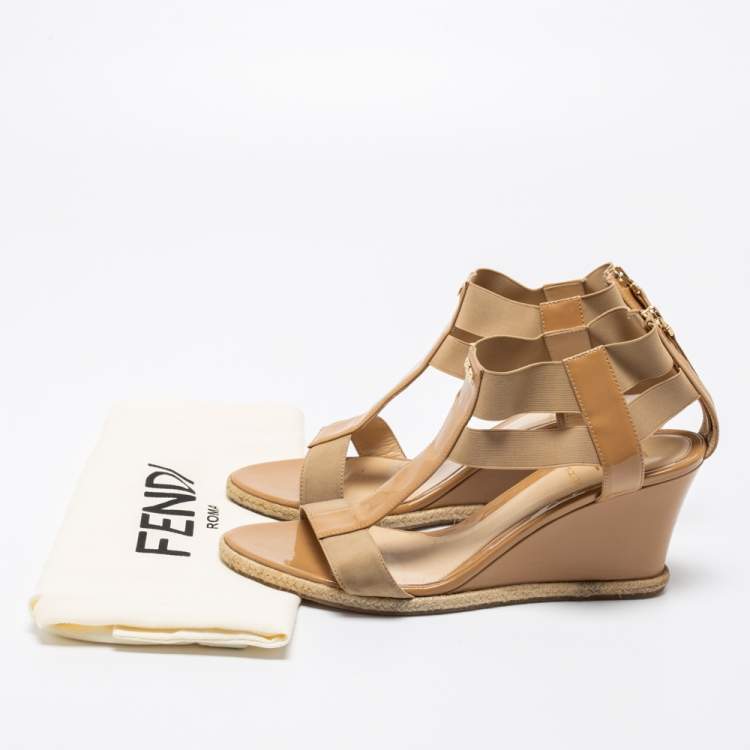 Pre Owned Fendi Beige Patent Leather and Elastic T-Strap Espadrille Wedge Sandals Size 41