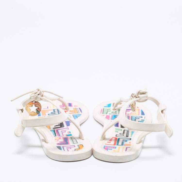 Pre Owned Fendi White Jelly Logo Charm Sunny Thong Flat Sandals Size 36