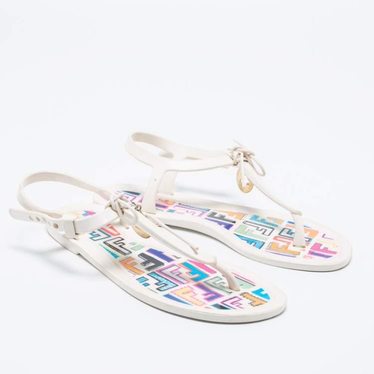 Pre Owned Fendi White Jelly Logo Charm Sunny Thong Flat Sandals Size 36