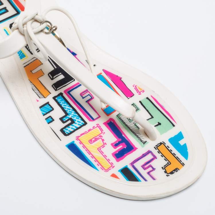 Pre Owned Fendi White Jelly Logo Charm Sunny Thong Flat Sandals Size 36