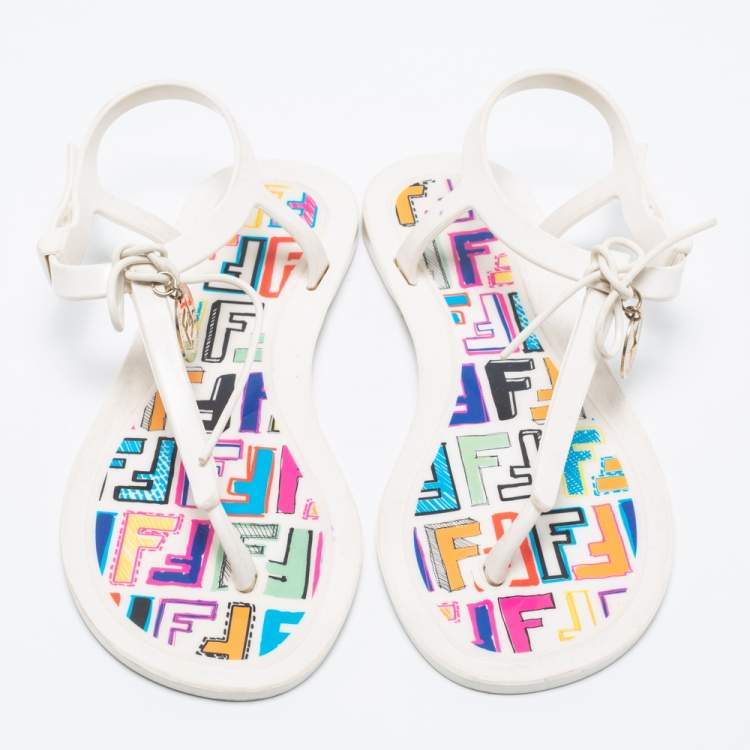Pre Owned Fendi White Jelly Logo Charm Sunny Thong Flat Sandals Size 36