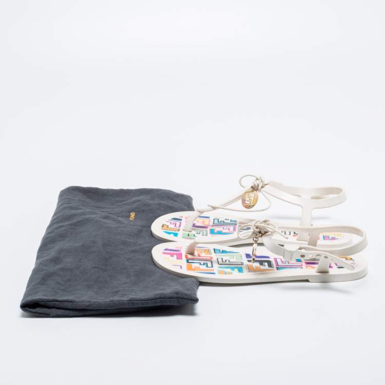 Pre Owned Fendi White Jelly Logo Charm Sunny Thong Flat Sandals Size 36