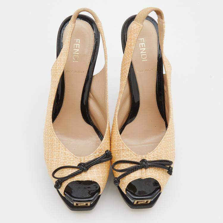 Pre Owned Fendi Beige Woven Raffia Fendista Bow Platform Slingback Sandals Size 37