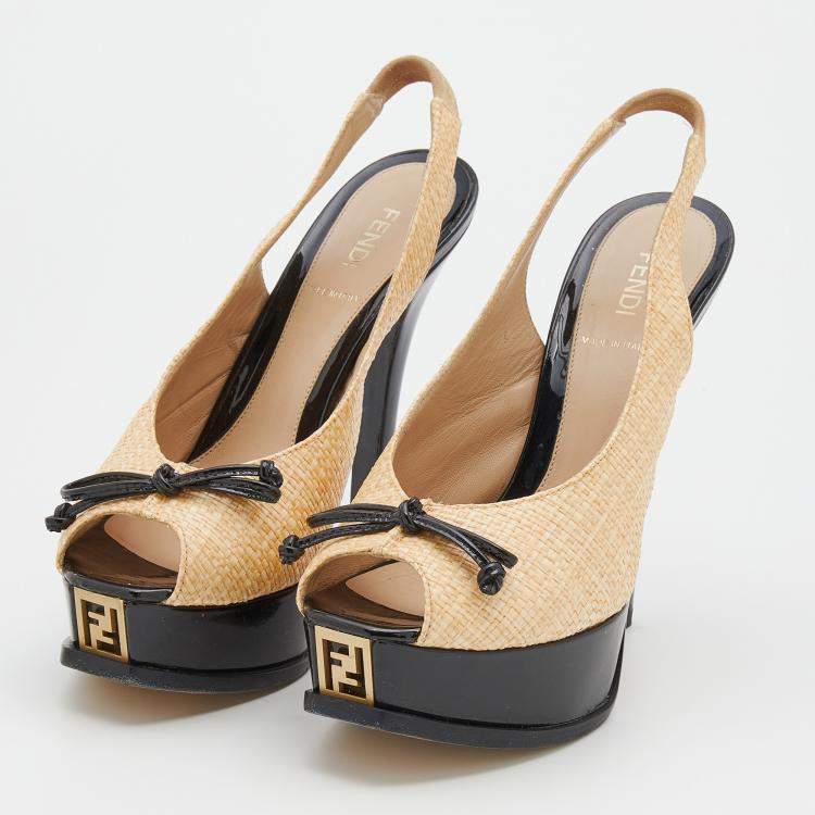 Pre Owned Fendi Beige Woven Raffia Fendista Bow Platform Slingback Sandals Size 37
