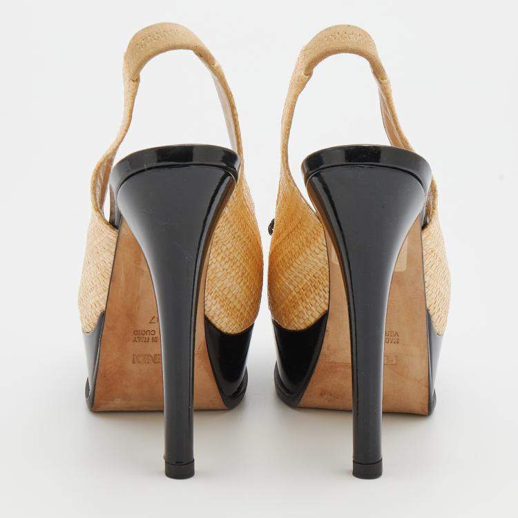 Pre Owned Fendi Beige Woven Raffia Fendista Bow Platform Slingback Sandals Size 37