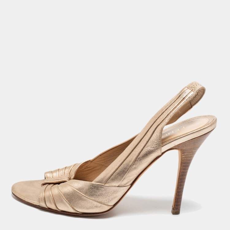 Pre Owned Fendi Rose Gold Pleated Leather Slingback Sandals Size 37.5
