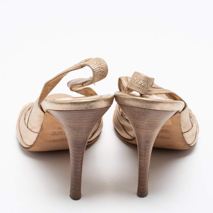 Pre Owned Fendi Rose Gold Pleated Leather Slingback Sandals Size 37.5