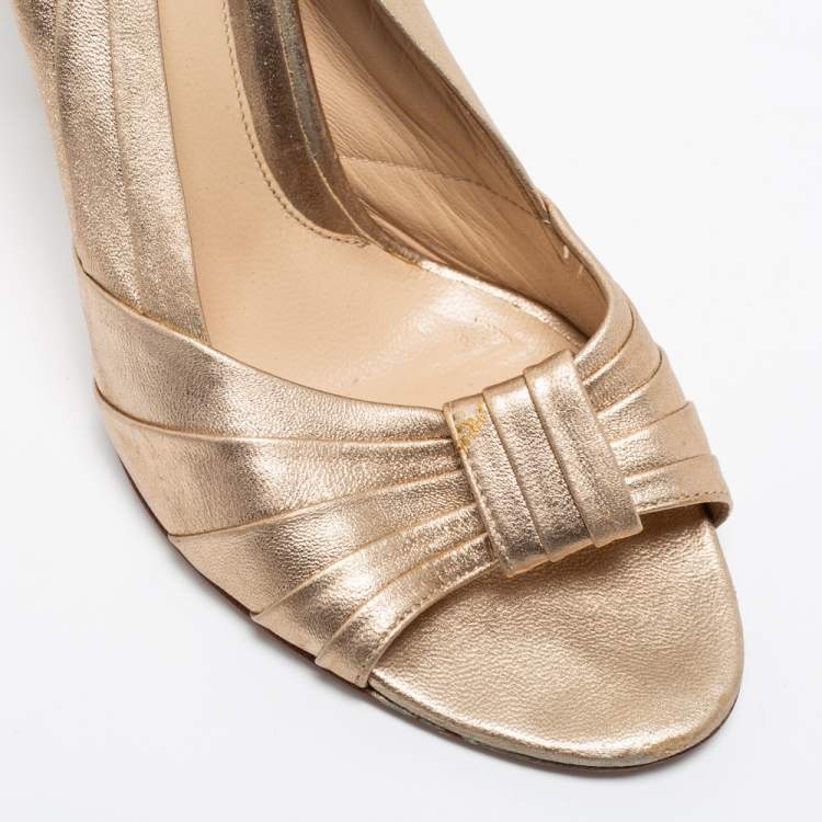 Pre Owned Fendi Rose Gold Pleated Leather Slingback Sandals Size 37.5