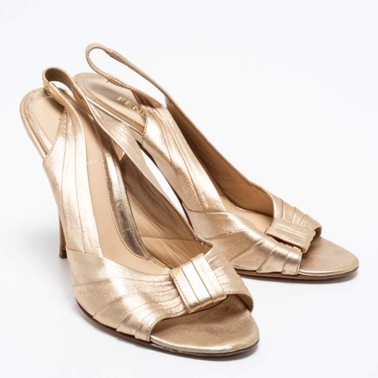 Pre Owned Fendi Rose Gold Pleated Leather Slingback Sandals Size 37.5