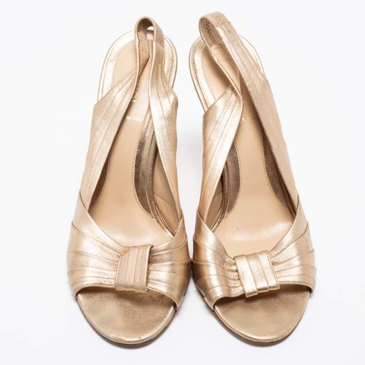 Pre Owned Fendi Rose Gold Pleated Leather Slingback Sandals Size 37.5